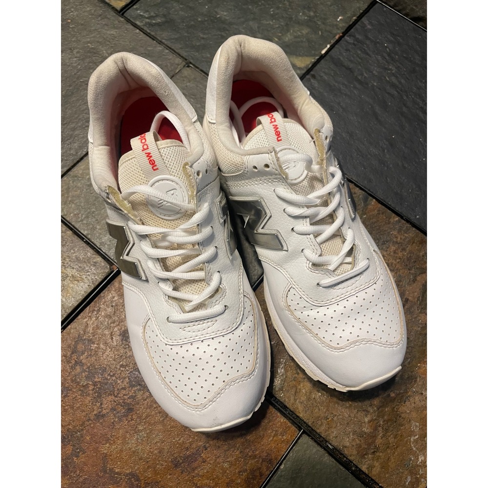 New Balance 574 White‎ Silver Metallic Leather Sneakers ML574SOX Mens 8.5